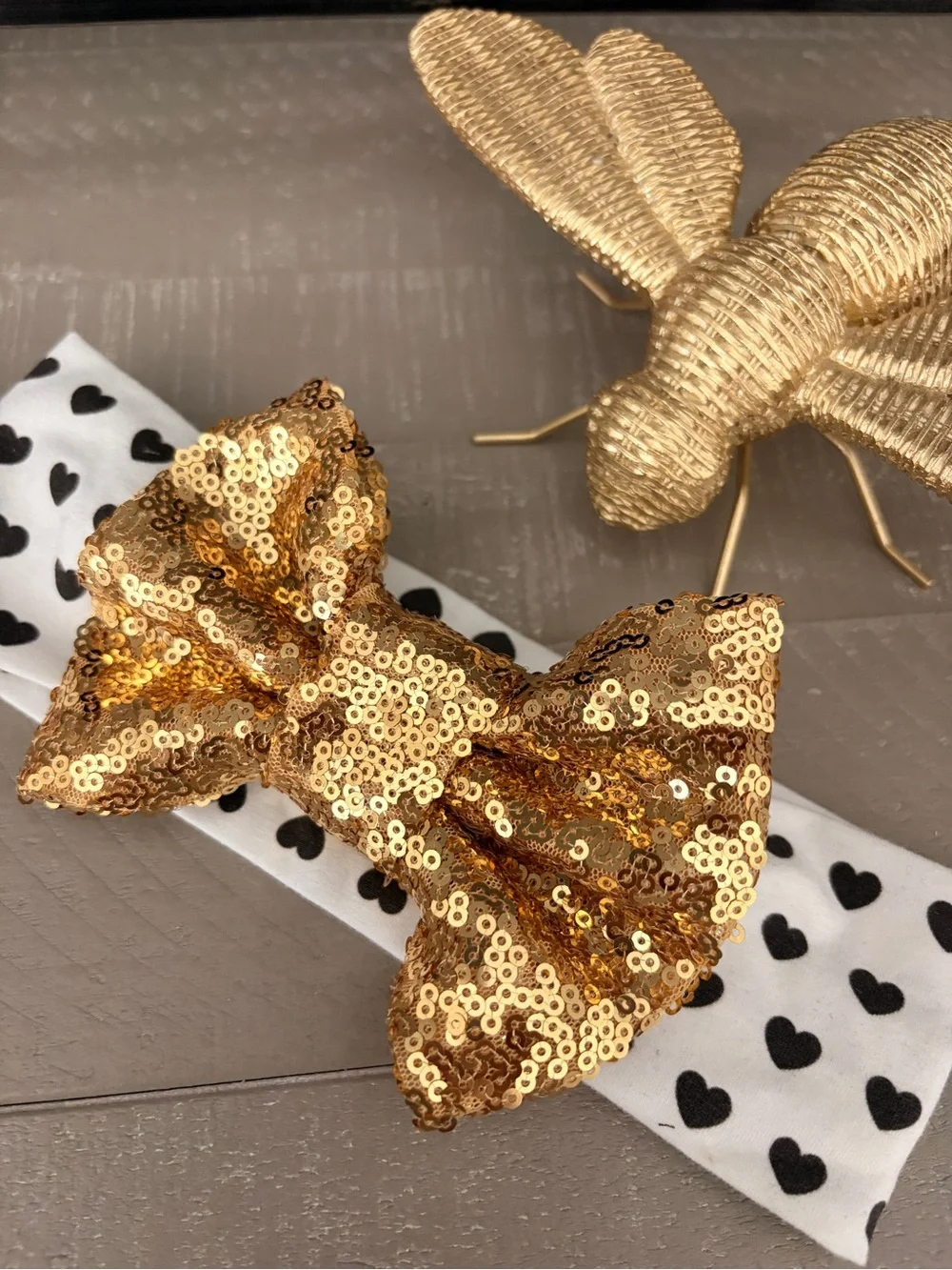 Gold Sequin Bow Headband with Heart Print Band